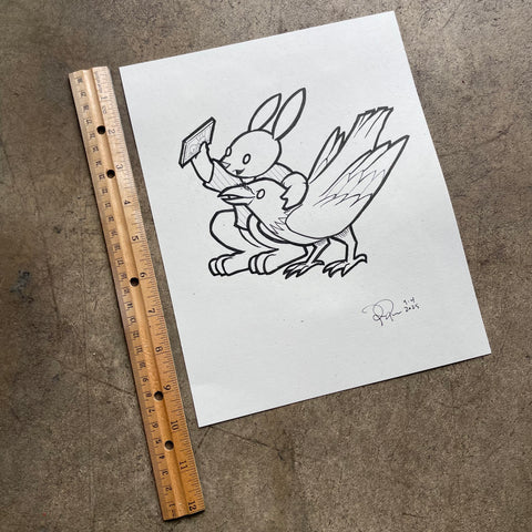 Ink Drawing / Rabbit and Crow selfie 2025